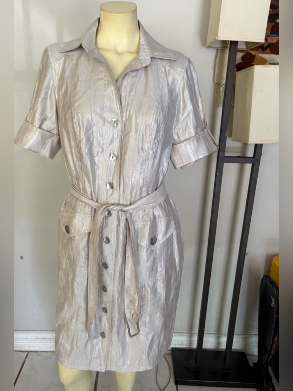 Chico's Metallic Light Silver Shirt Dress with Belt Size M/10